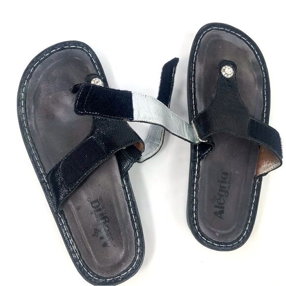 Alegria Black Leather T Strap Diamond Button Slip On Wedge Heel Support Sandals - Picture 8 of 14